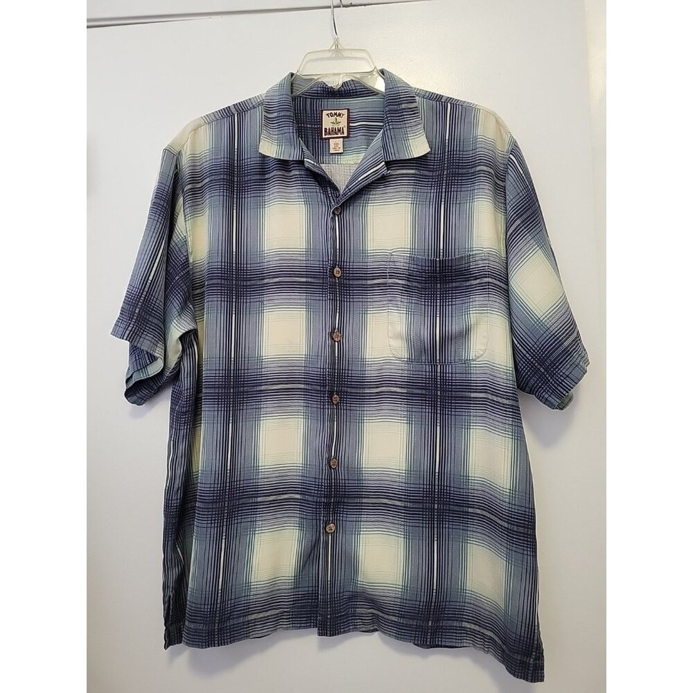 Tommy Bahama Button Up Silk Shirt Mens Short Sleeve Relaxed Fit Plaid Blue Large